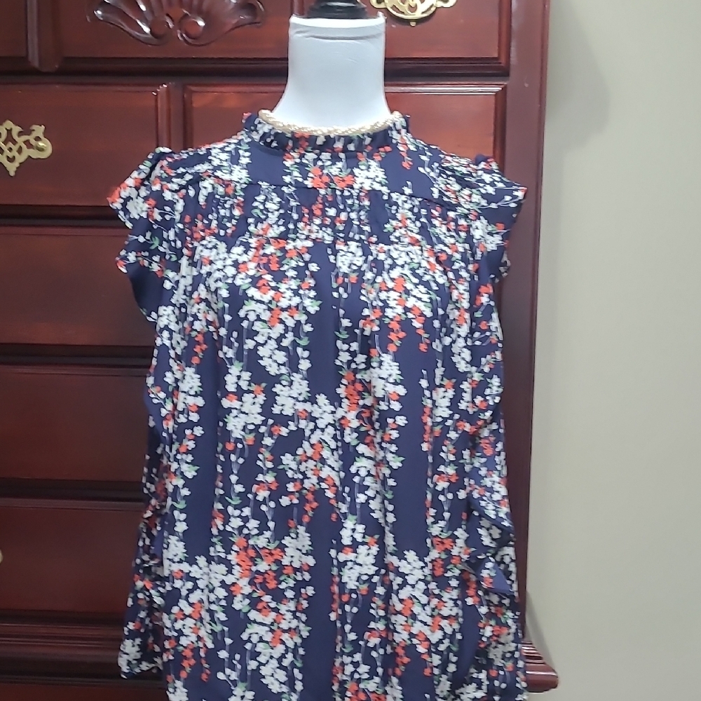 Navy Floral Ruffle Blouse